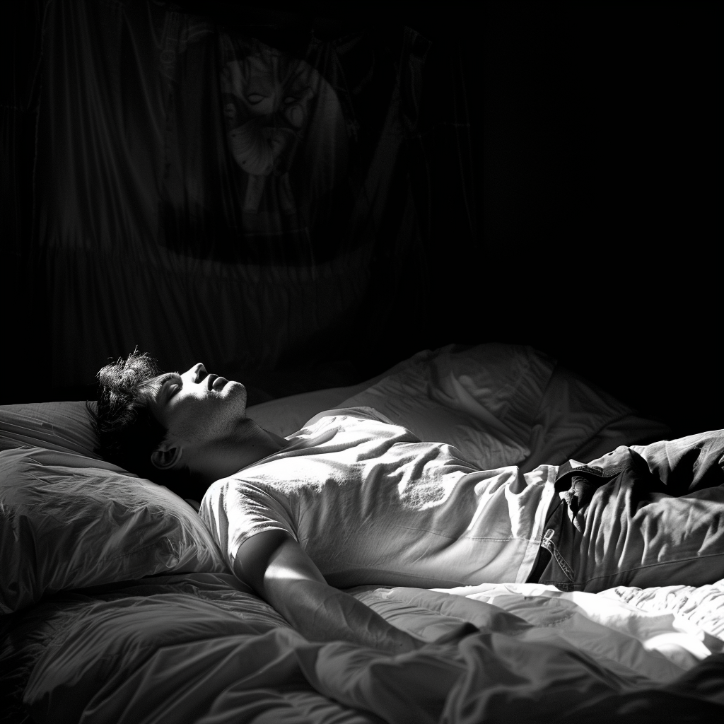 A picture of a man lying on the bed in a vigorous pose, appearing to be dreaming in black and white.