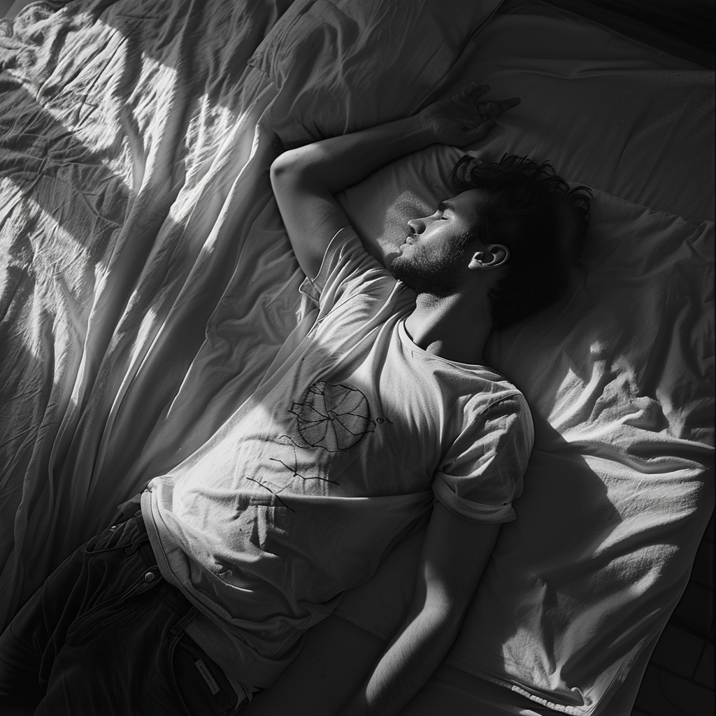 A picture of a man lying on the bed in a vigorous pose, appearing to be dreaming in black and white.