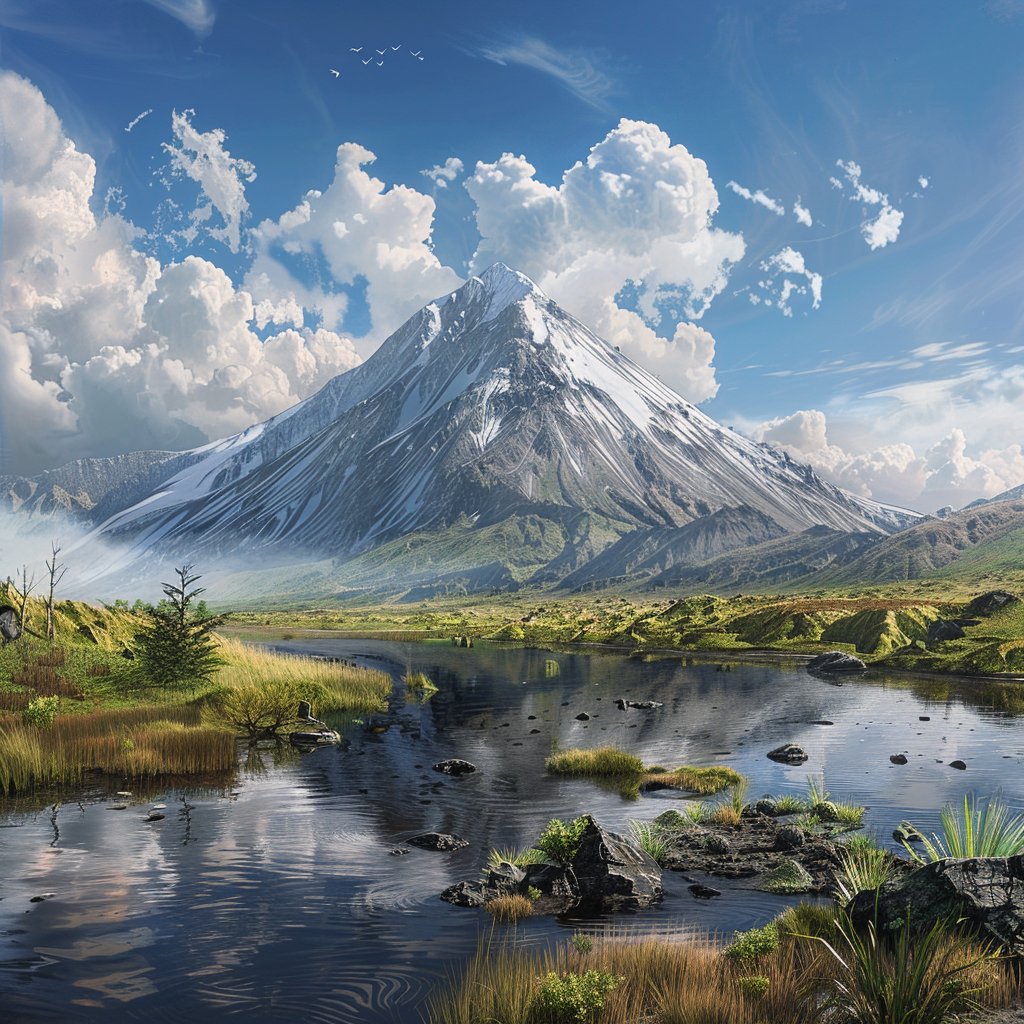 a nice day near a non-active volcano, photorealism, high details, high quality