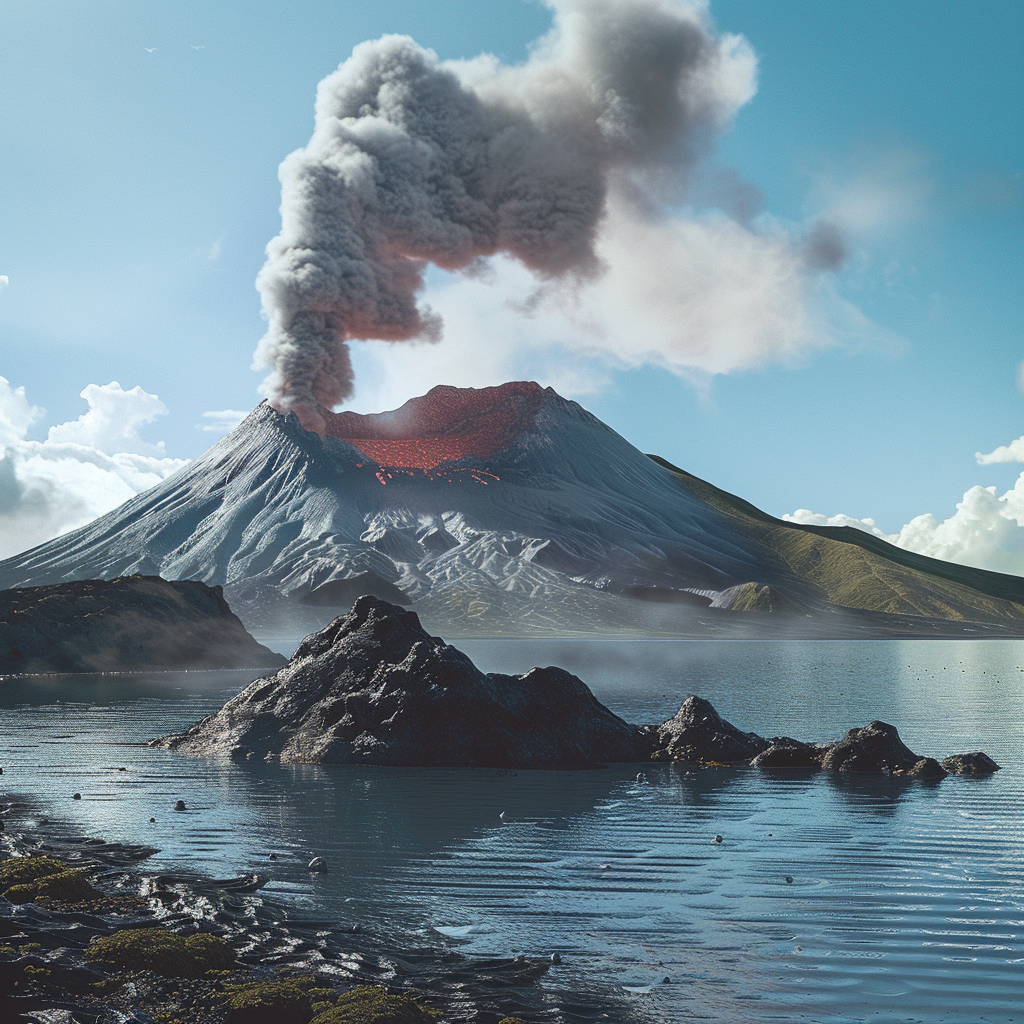 a nice day near a non-active volcano, photorealism, high details, high quality