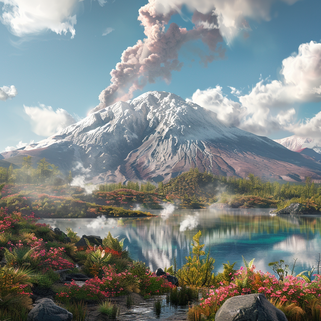 a nice day near a non-active volcano, photorealism, high details, high quality