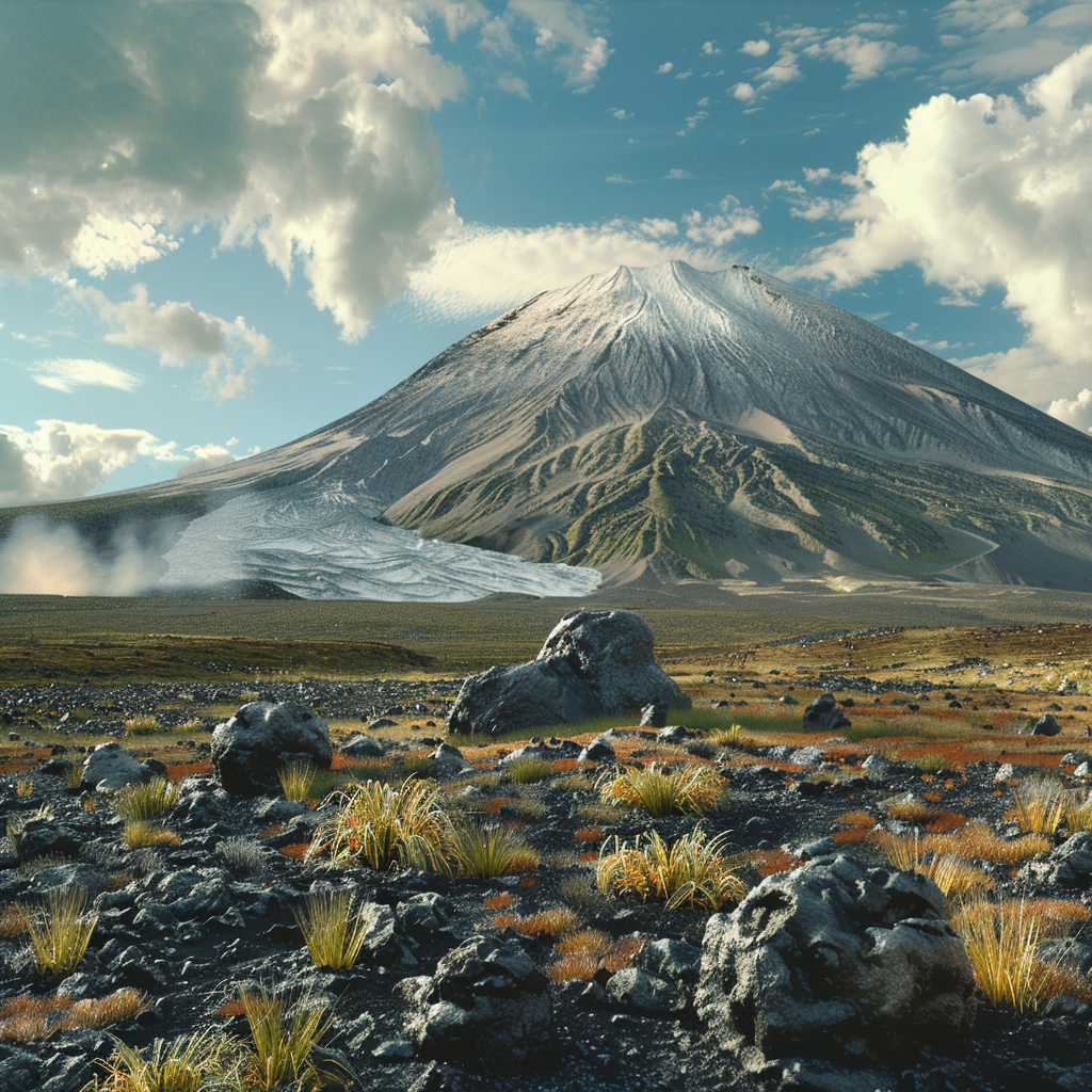 a nice day near a non-active volcano, photorealism, high details, high quality