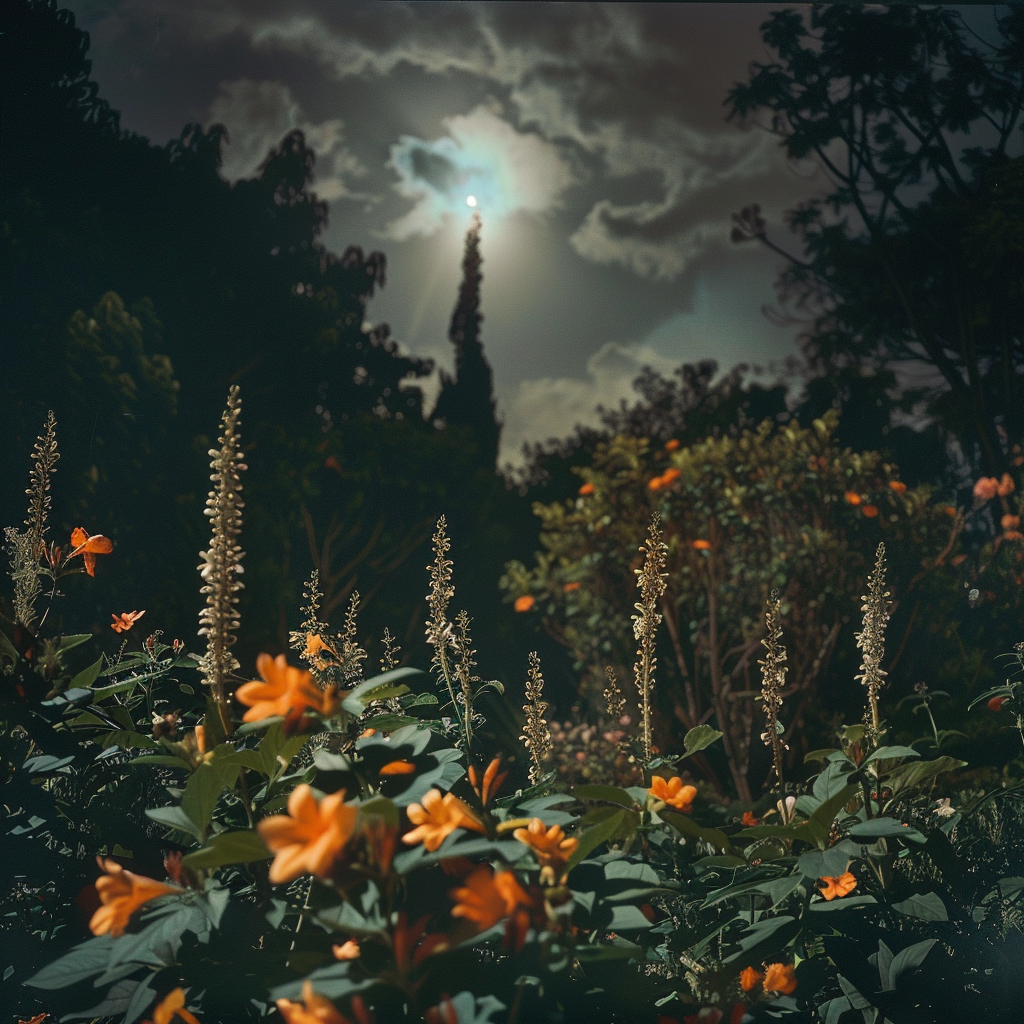 A picture of a garden with flowers blooming at night under the moon with the camera pointed low towards the ground.