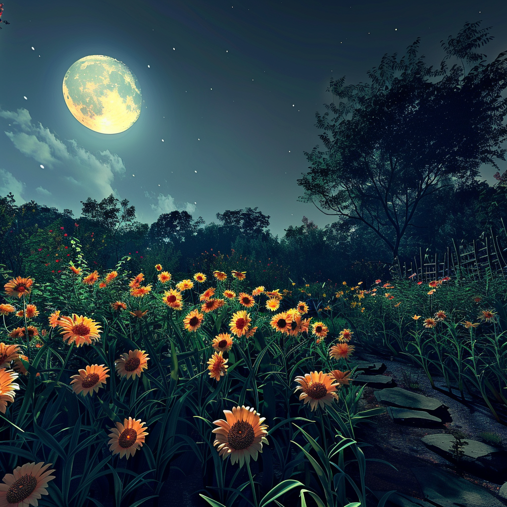 A picture of a garden with flowers blooming at night under the moon with the camera pointed low towards the ground.