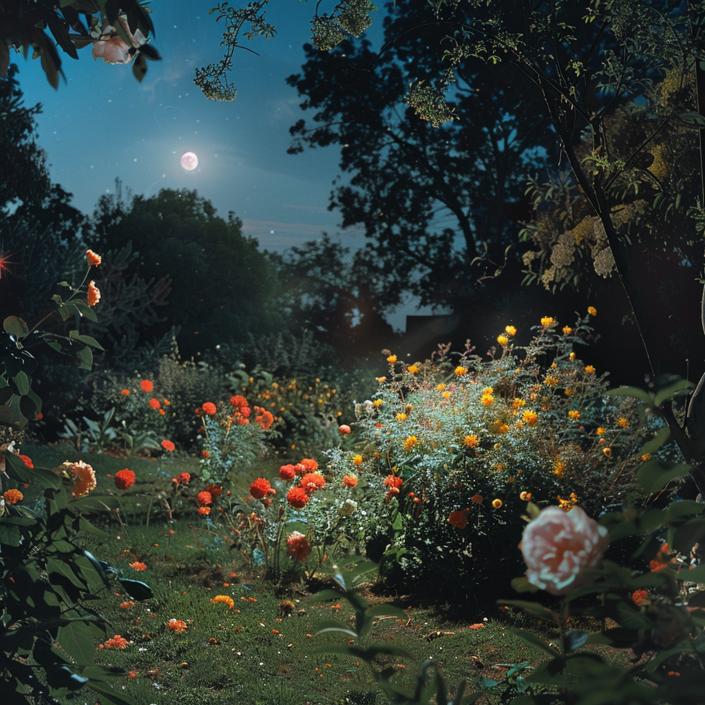 A picture of a garden with flowers blooming at night under the moon with the camera pointed low towards the ground.