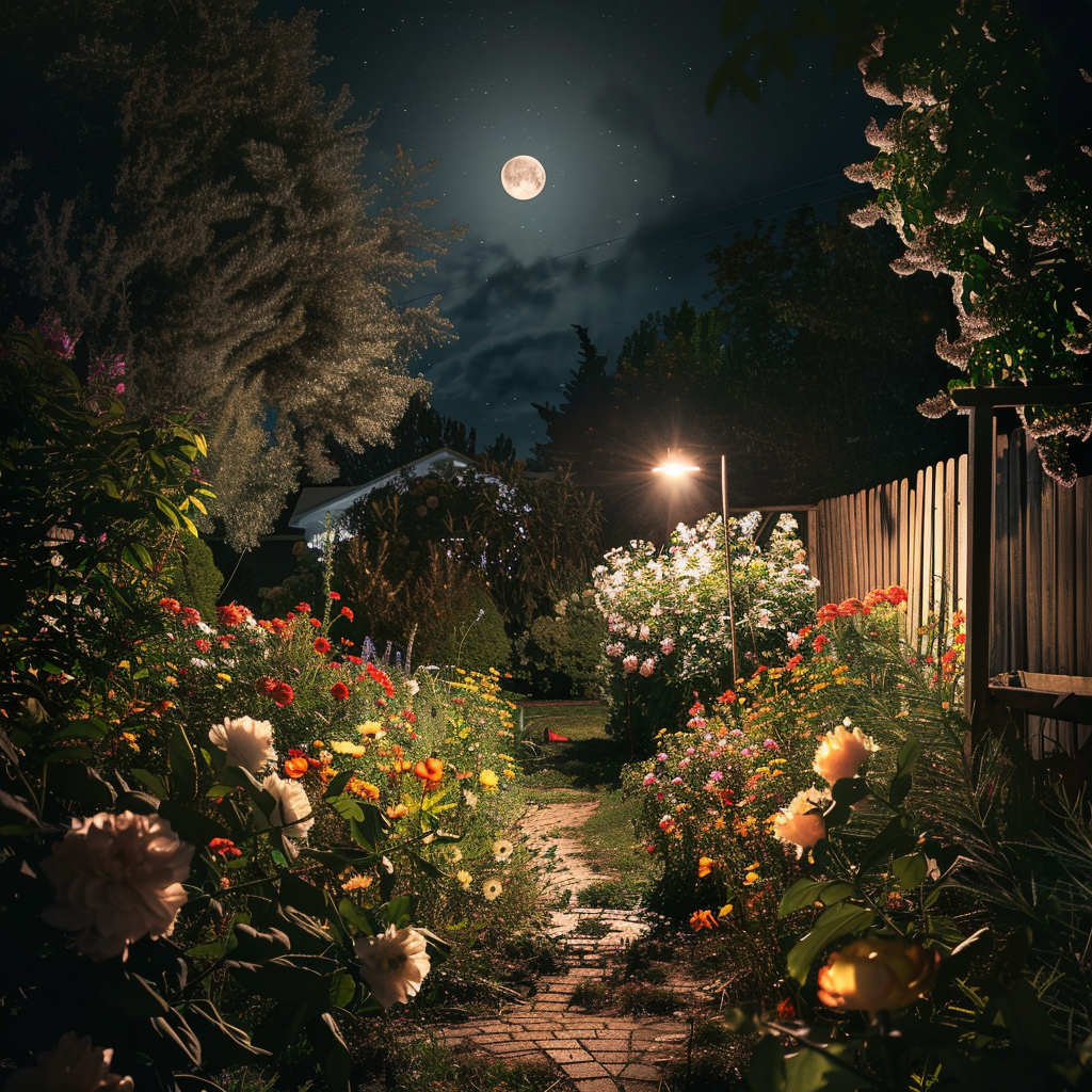 A picture of a garden with flowers blooming at night under the moon with the camera pointed low towards the ground.