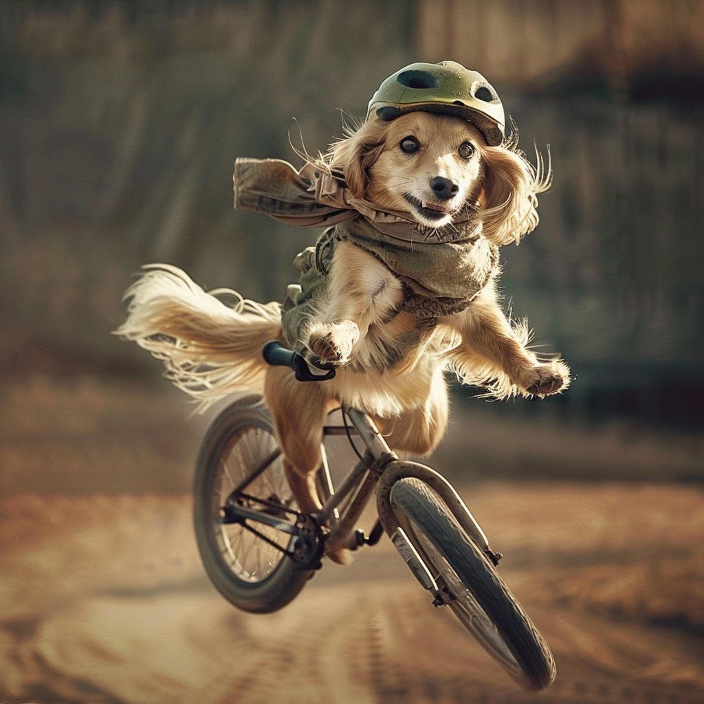 a dog ridding a bike