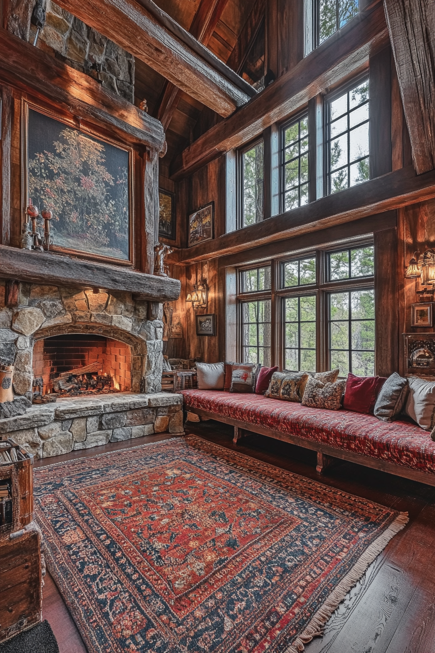 Nestled among towering pines, this rustic cabin features a grand stone fireplace, reclaimed wood beams, and cozy nooks filled with plush cushions, perfect for curling up with a book.