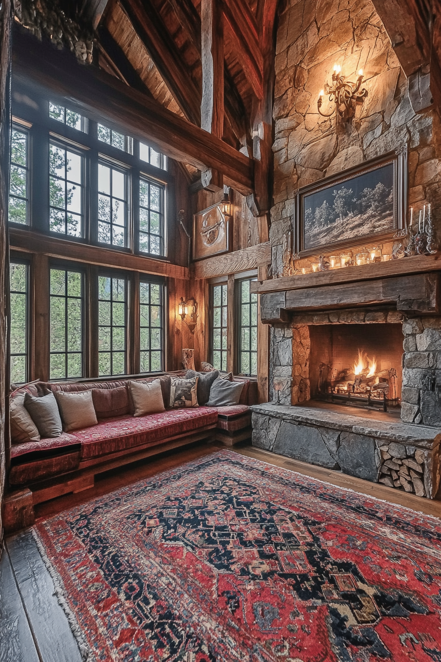 Nestled among towering pines, this rustic cabin features a grand stone fireplace, reclaimed wood beams, and cozy nooks filled with plush cushions, perfect for curling up with a book.