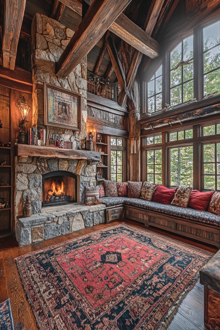 Nestled among towering pines, this rustic cabin features a grand stone fireplace, reclaimed wood beams, and cozy nooks filled with plush cushions, perfect for curling up with a book.