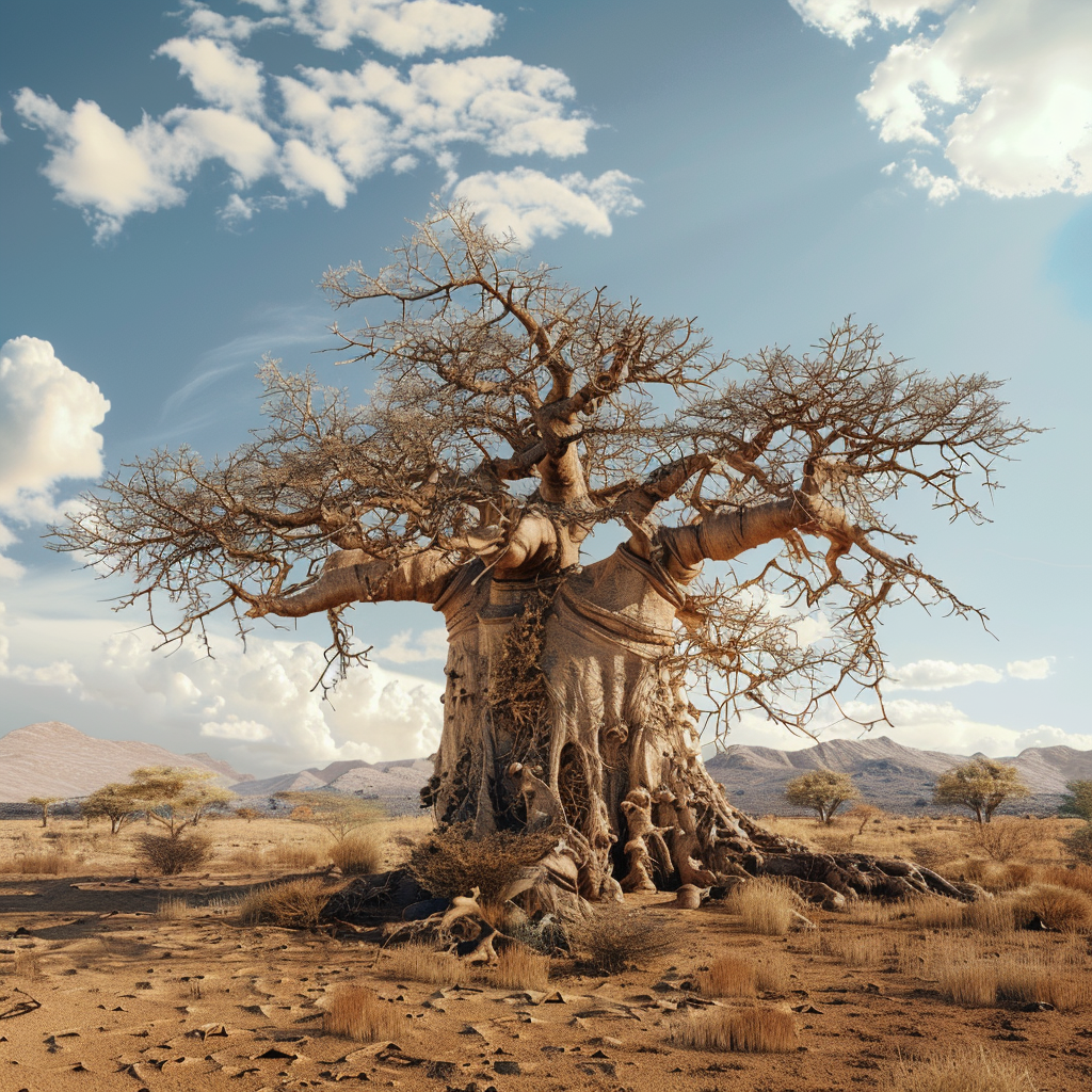 an baobab tree in the desert, realistic photoshoot