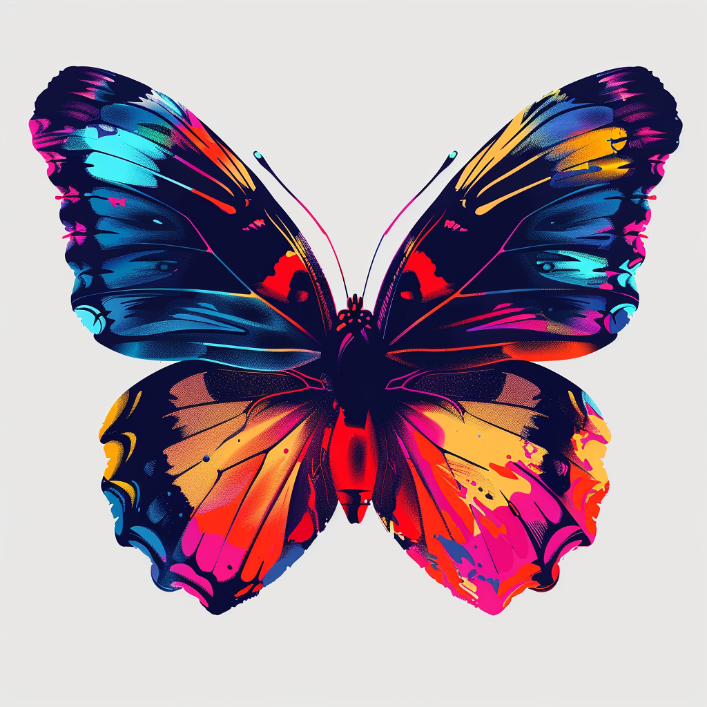 Vibrant depiction of a butterfly using minimal design elements and bright colors.