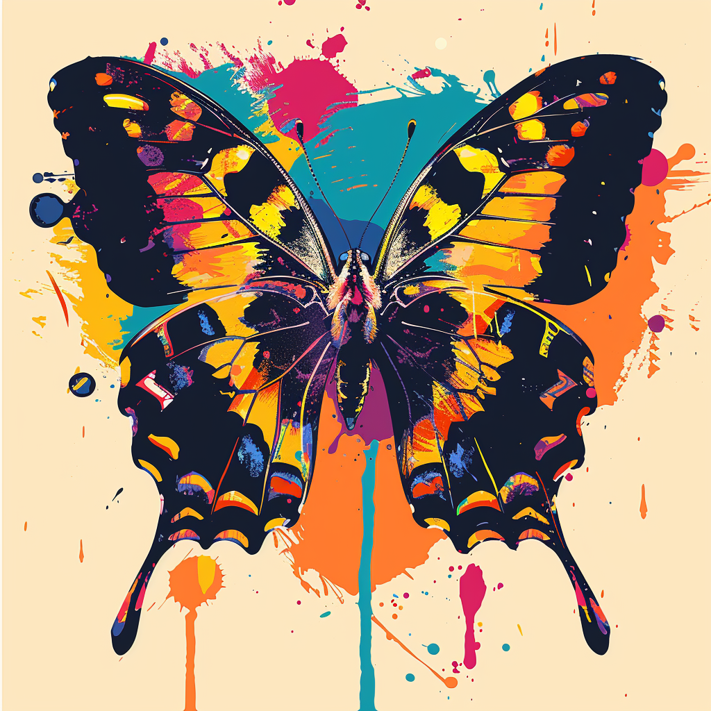 Vibrant depiction of a butterfly using minimal design elements and bright colors.