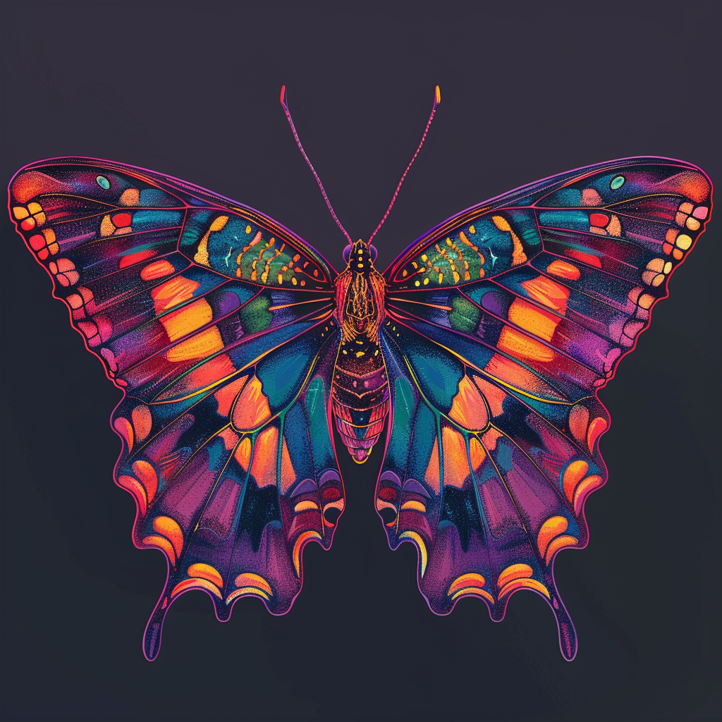 Vibrant depiction of a butterfly using minimal design elements and bright colors.