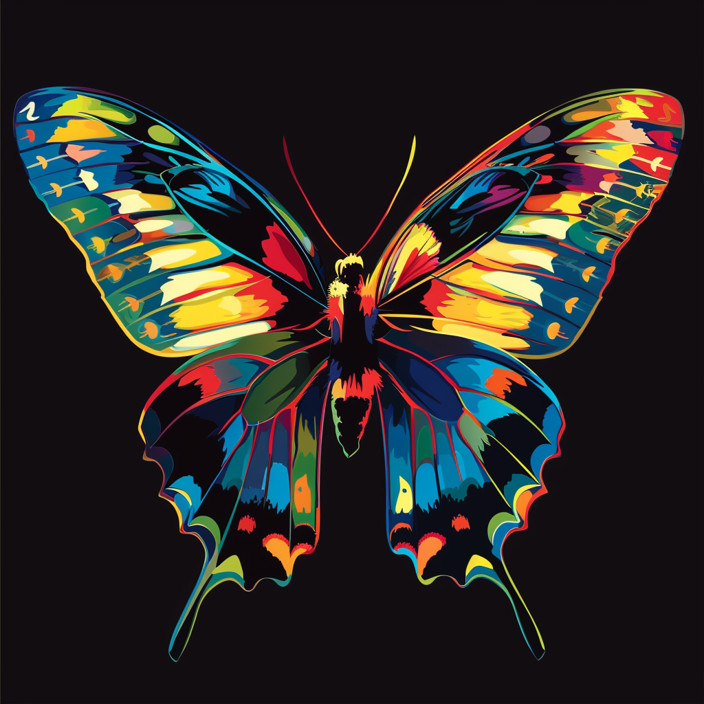 Vibrant depiction of a butterfly using minimal design elements and bright colors.