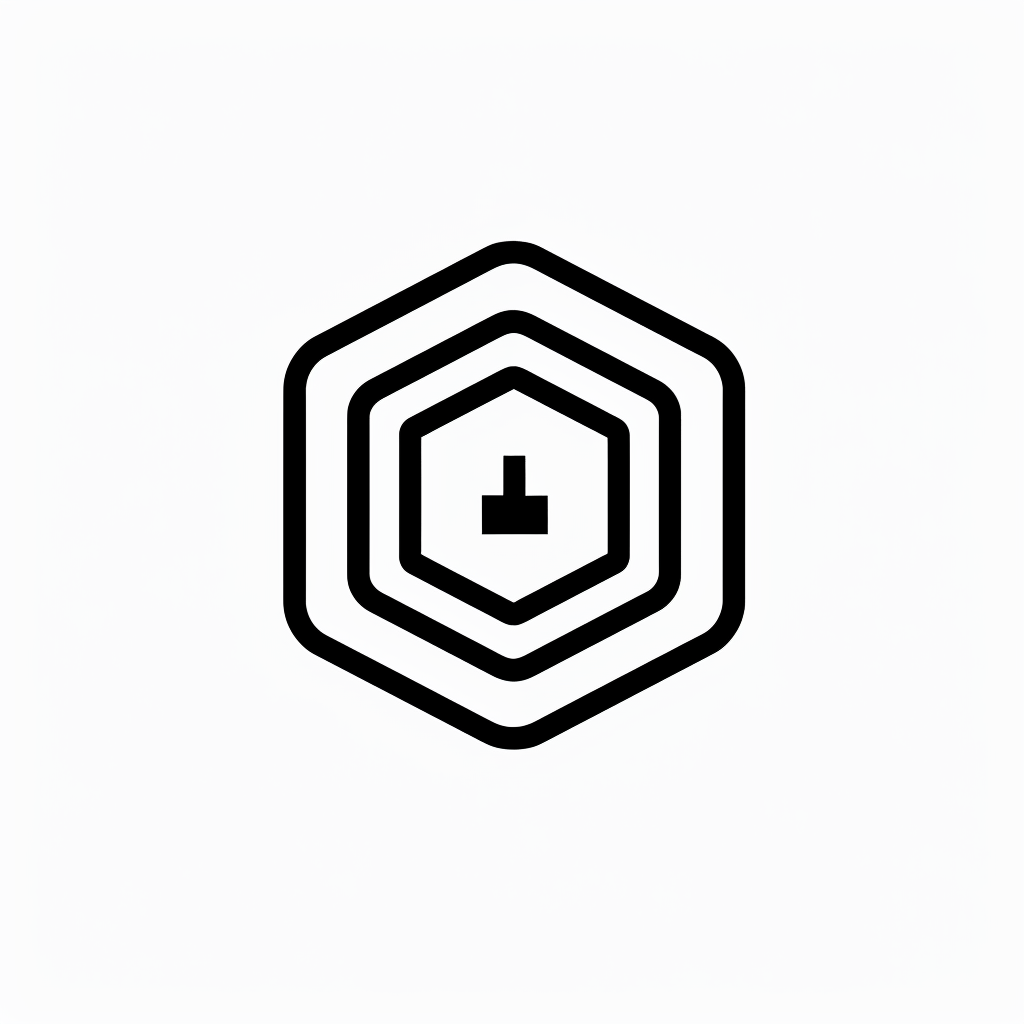 logo, minimalistic style logo of cube with white background and black symbol for company name 'iDorf', icon in the shape of an octagon that represents an augmented reality app on mobile phone, small circle inside big square, simple design