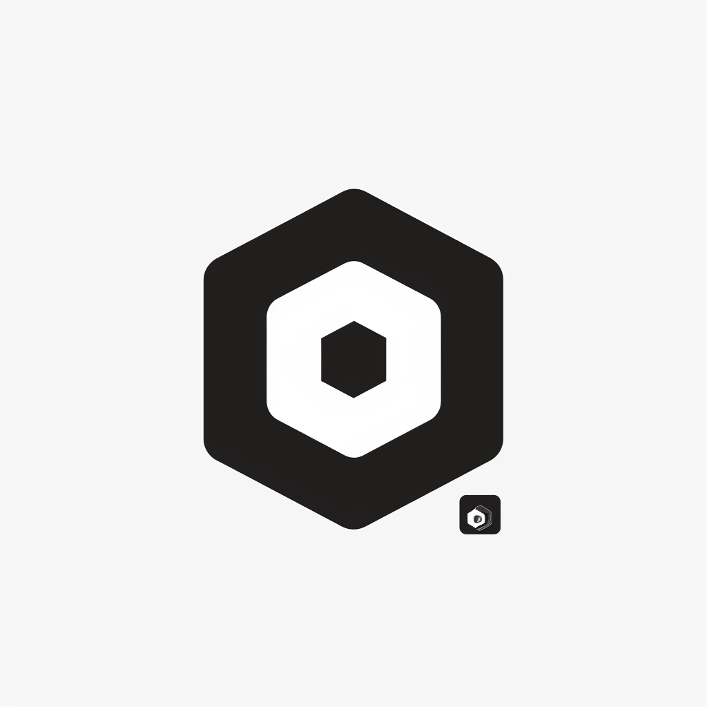 logo, minimalistic style logo of cube with white background and black symbol for company name 'iDorf', icon in the shape of an octagon that represents an augmented reality app on mobile phone, small circle inside big square, simple design