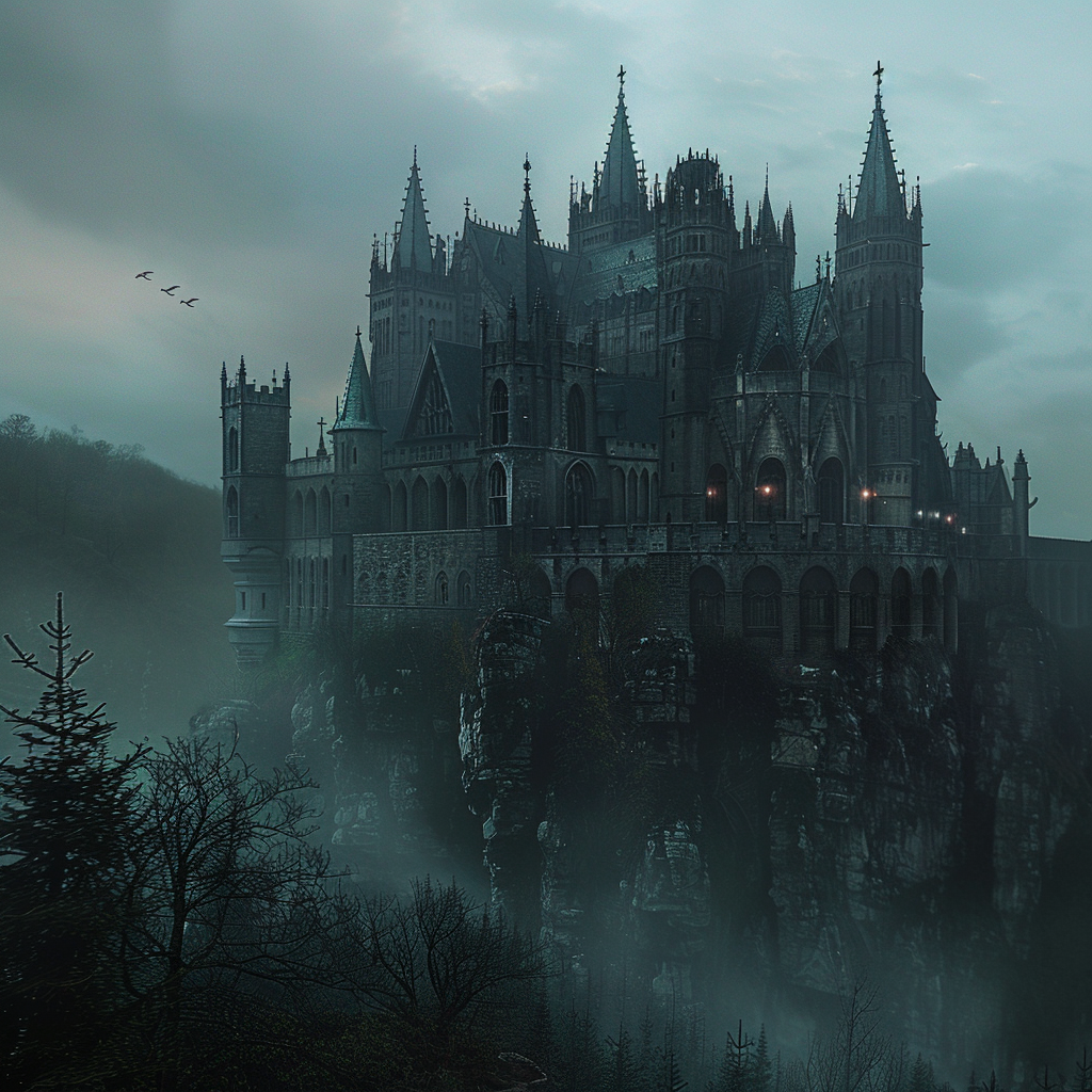 Create a description of a Gothic-style castle with an airy view, emphasizing its mysterious nature.