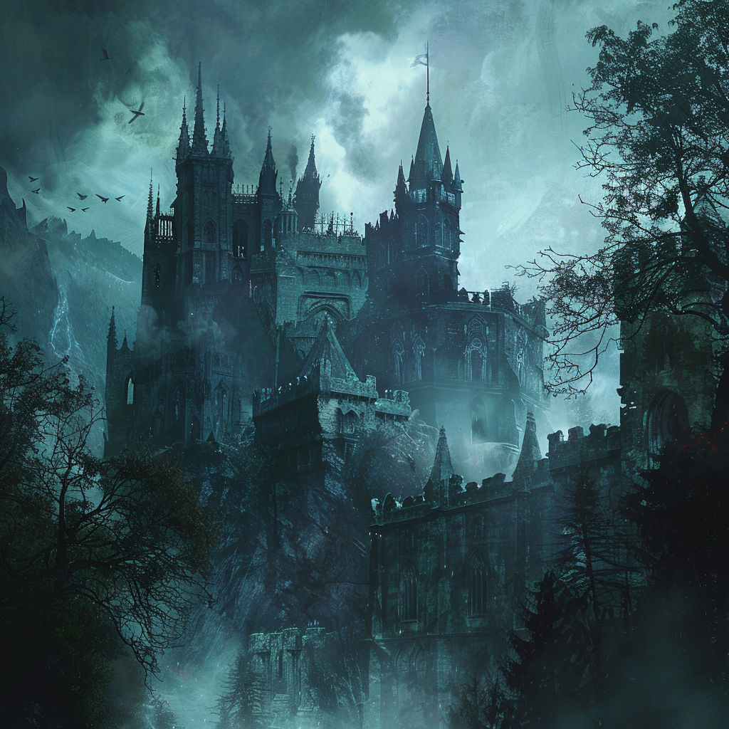 Create a description of a Gothic-style castle with an airy view, emphasizing its mysterious nature.