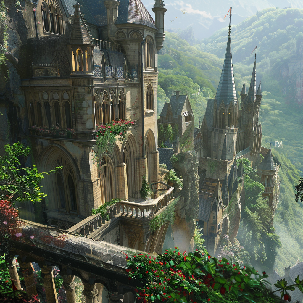 Create a description of a Gothic-style castle with an airy view, emphasizing its mysterious nature.