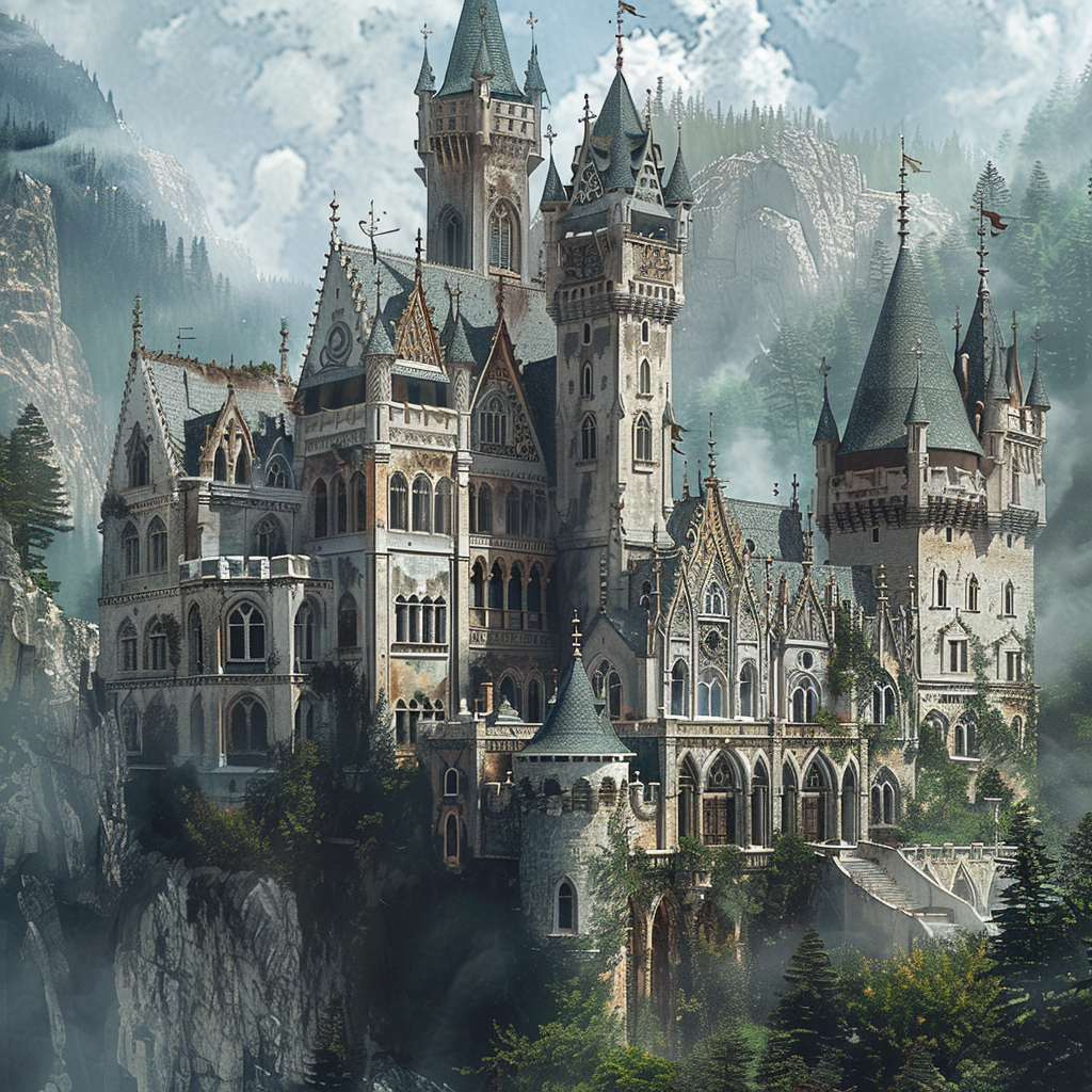 Create a description of a Gothic-style castle with an airy view, emphasizing its mysterious nature.