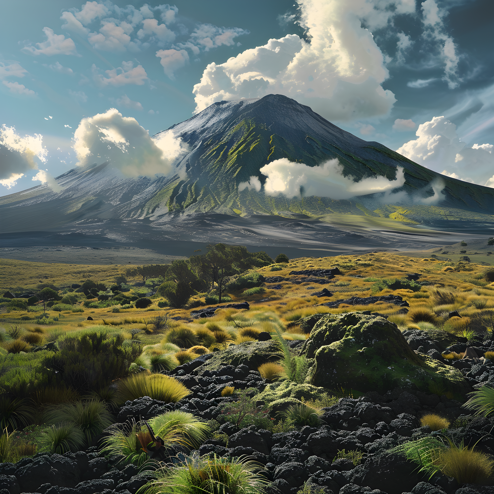 a nice day near a non-active volcano, photorealism, high details, high quality