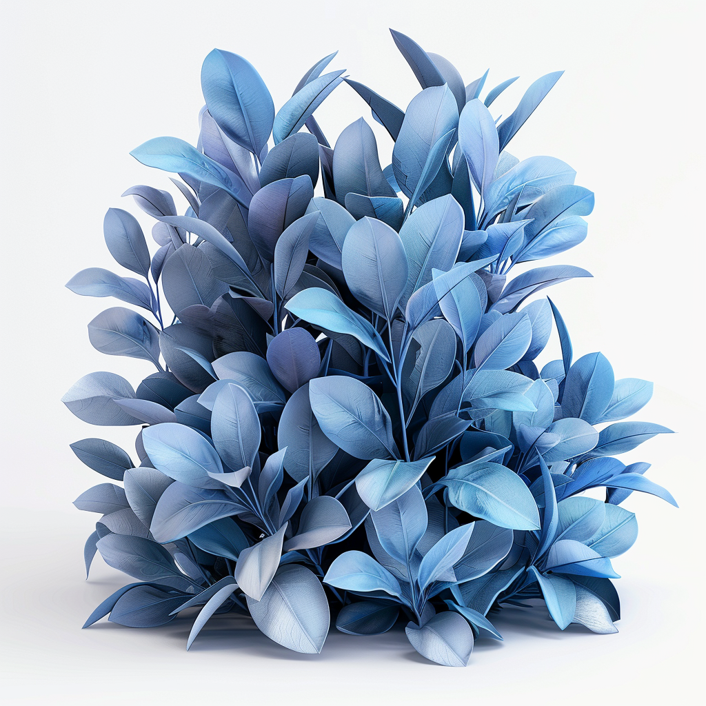 Create a 3D image of a bush with unique blue leaves and a conceptual design.
