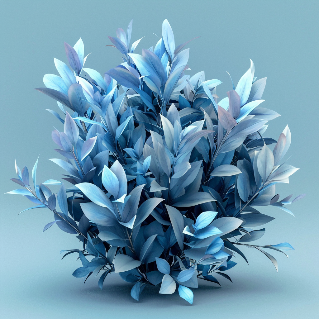 Create a 3D image of a bush with unique blue leaves and a conceptual design.