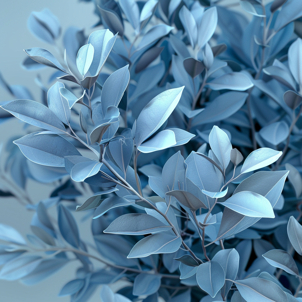 Create a 3D image of a bush with unique blue leaves and a conceptual design.