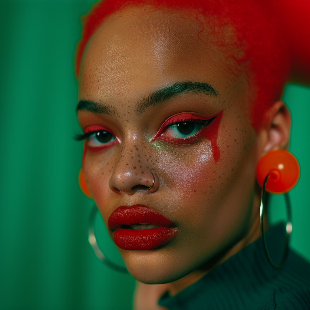 Shot using Hasselblad H6D400c of exotic juicy no smile. The background is bright Hunter Green, creating a striking contrast that highlights Supermodel centerfold look. Hip Hop Exotic Mixed black race pin up models with ((1988's Hip Hop style)). Model poses in front of camera with circus clown makeup serious look. ((Light hazel eyes)). Contrast portrait and fine detail with high motion. Studio lighting. ((Print Ad)) | Billboard| Magazine. HD. 8K. Cinematic. Movie scene. Centered shot. Supermodel face. Full-body to head. dynamic scene. Front view. Motion Blur. --ar 2:3 --v 6