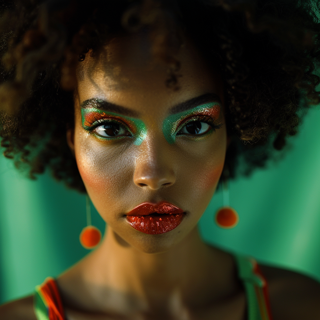 Shot using Hasselblad H6D400c of exotic juicy no smile. The background is bright Hunter Green, creating a striking contrast that highlights Supermodel centerfold look. Hip Hop Exotic Mixed black race pin up models with ((1988's Hip Hop style)). Model poses in front of camera with circus clown makeup serious look. ((Light hazel eyes)). Contrast portrait and fine detail with high motion. Studio lighting. ((Print Ad)) | Billboard| Magazine. HD. 8K. Cinematic. Movie scene. Centered shot. Supermodel face. Full-body to head. dynamic scene. Front view. Motion Blur. --ar 2:3 --v 6