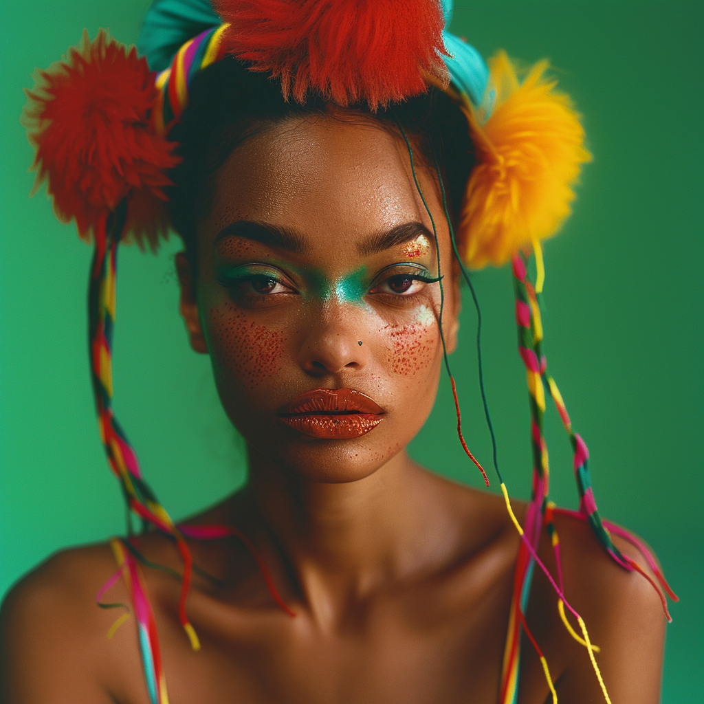 Shot using Hasselblad H6D400c of exotic juicy no smile. The background is bright Hunter Green, creating a striking contrast that highlights Supermodel centerfold look. Hip Hop Exotic Mixed black race pin up models with ((1988's Hip Hop style)). Model poses in front of camera with circus clown makeup serious look. ((Light hazel eyes)). Contrast portrait and fine detail with high motion. Studio lighting. ((Print Ad)) | Billboard| Magazine. HD. 8K. Cinematic. Movie scene. Centered shot. Supermodel face. Full-body to head. dynamic scene. Front view. Motion Blur. --ar 2:3 --v 6