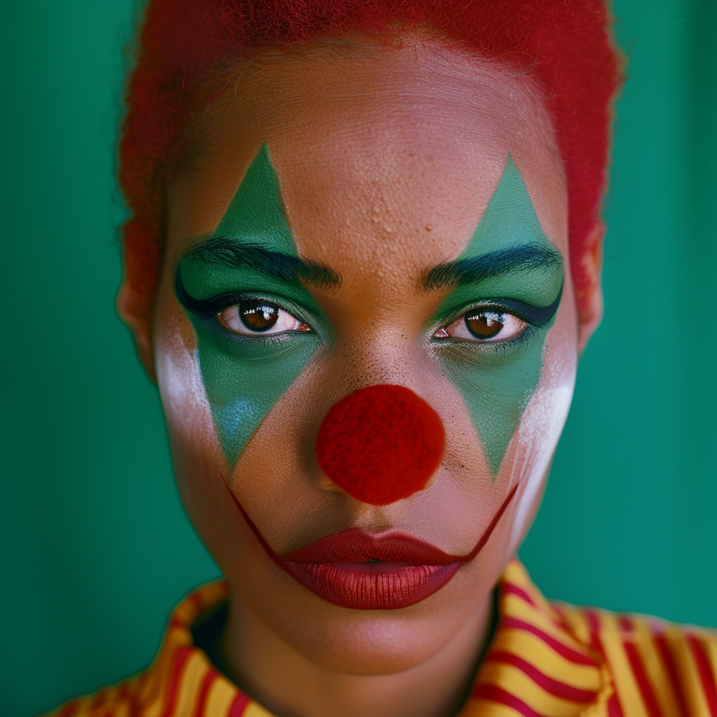 Shot using Hasselblad H6D400c of exotic juicy no smile. The background is bright Hunter Green, creating a striking contrast that highlights Supermodel centerfold look. Hip Hop Exotic Mixed black race pin up models with ((1988's Hip Hop style)). Model poses in front of camera with circus clown makeup serious look. ((Light hazel eyes)). Contrast portrait and fine detail with high motion. Studio lighting. ((Print Ad)) | Billboard| Magazine. HD. 8K. Cinematic. Movie scene. Centered shot. Supermodel face. Full-body to head. dynamic scene. Front view. Motion Blur. --ar 2:3 --v 6