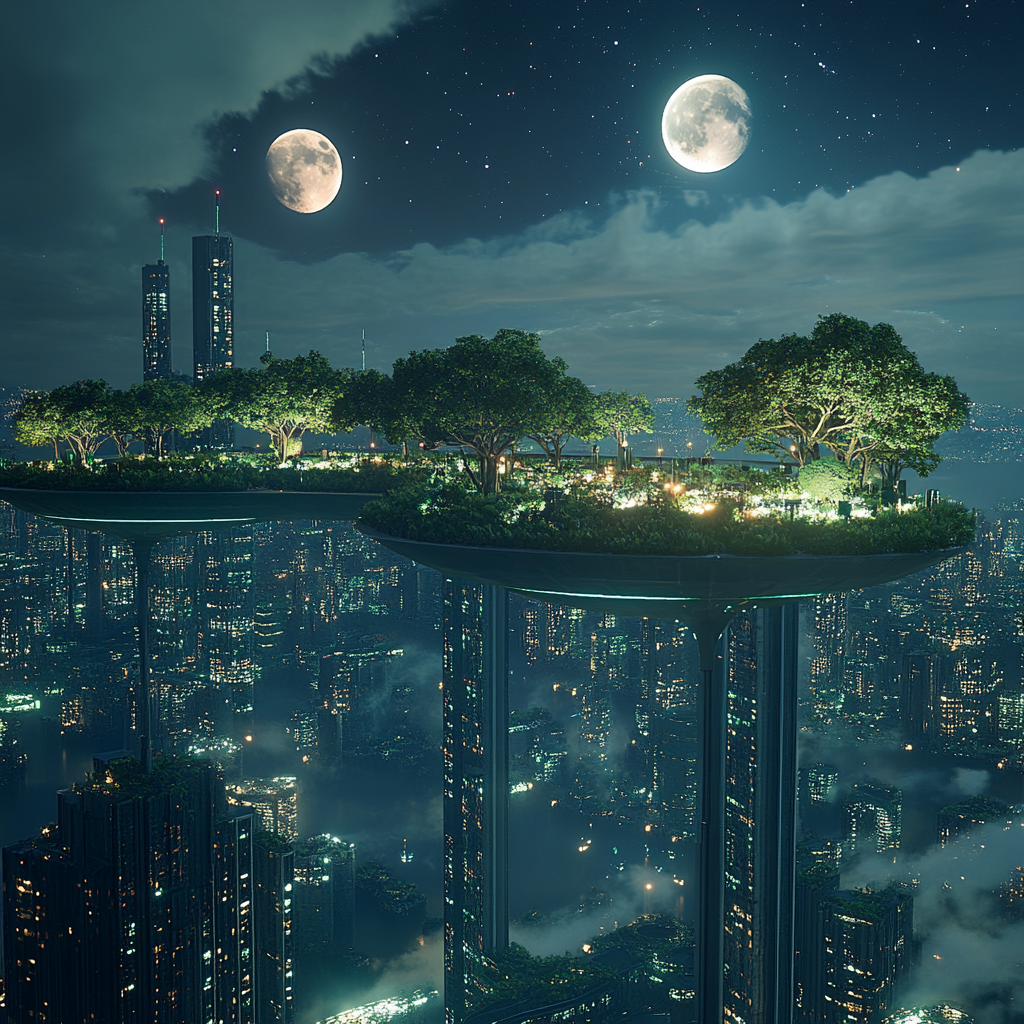 A futuristic cityscape with floating gardens and bioluminescent trees, bathed in the light of three moons.