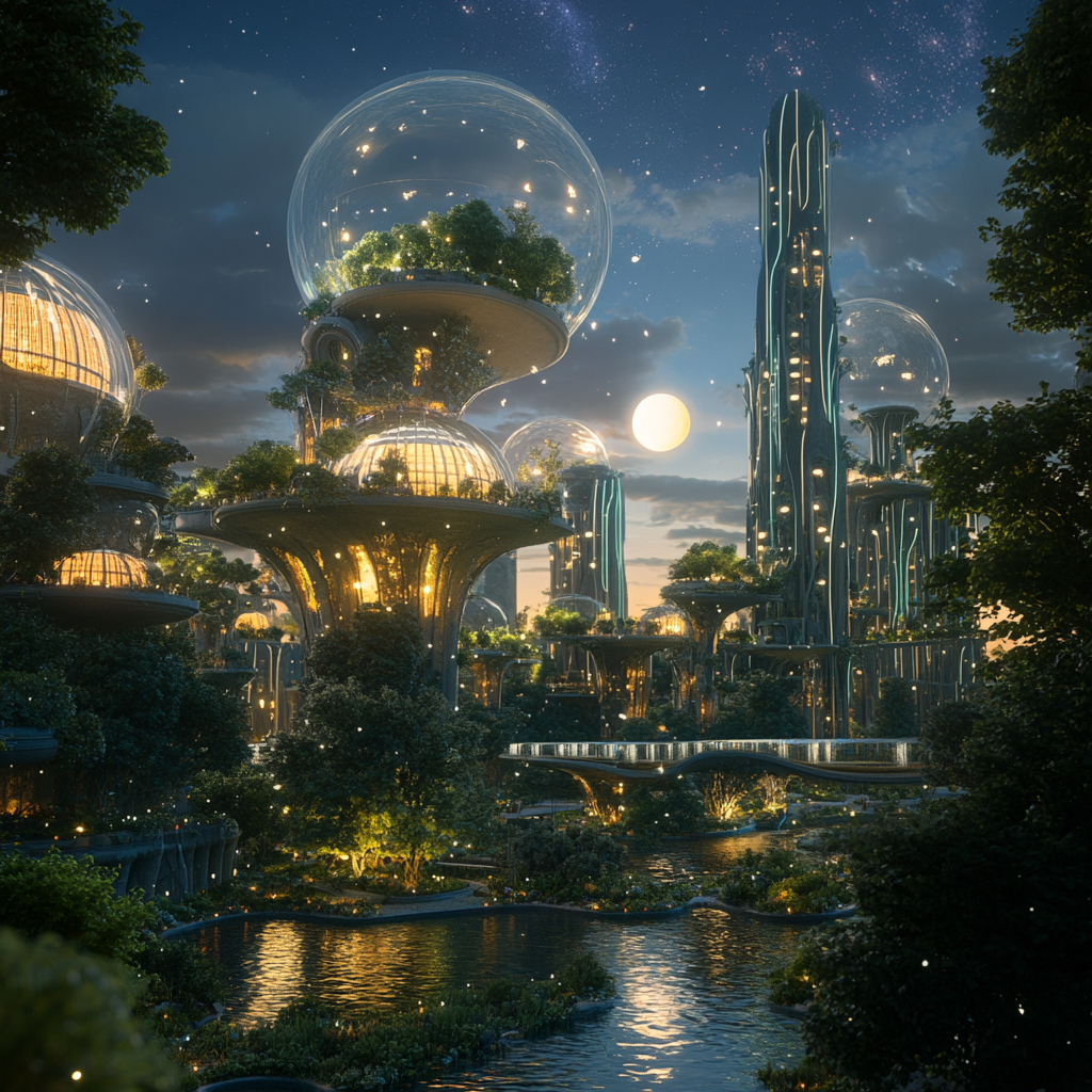 A futuristic cityscape with floating gardens and bioluminescent trees, bathed in the light of three moons.