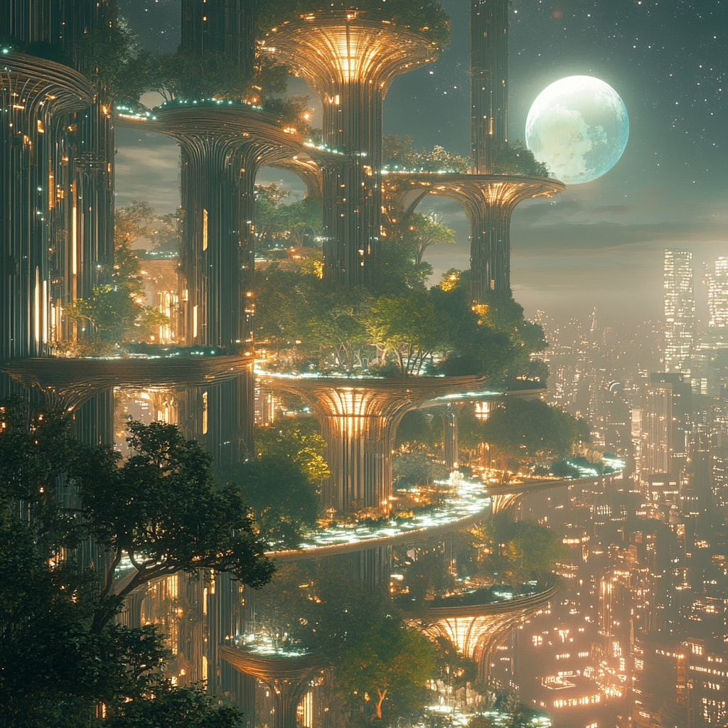 A futuristic cityscape with floating gardens and bioluminescent trees, bathed in the light of three moons.