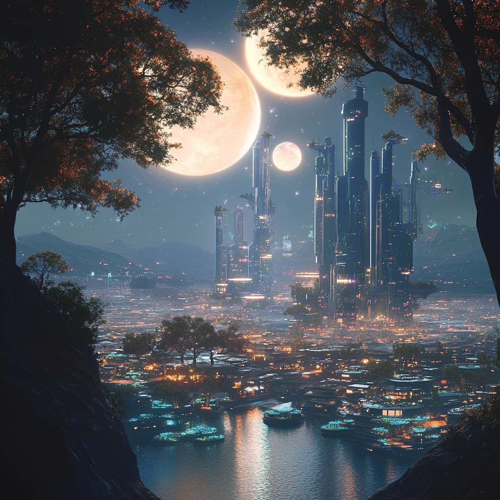 A futuristic cityscape with floating gardens and bioluminescent trees, bathed in the light of three moons.