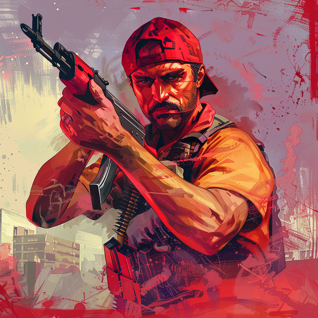 Image of a man with a AK47 ,in the style of grand theft auto, digital painting, loading screen, comic book style