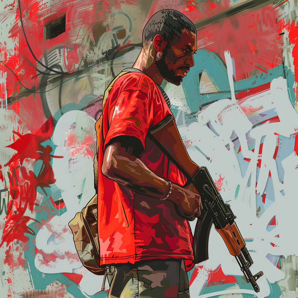 Image of a man with a AK47 ,in the style of grand theft auto, digital painting, loading screen, comic book style