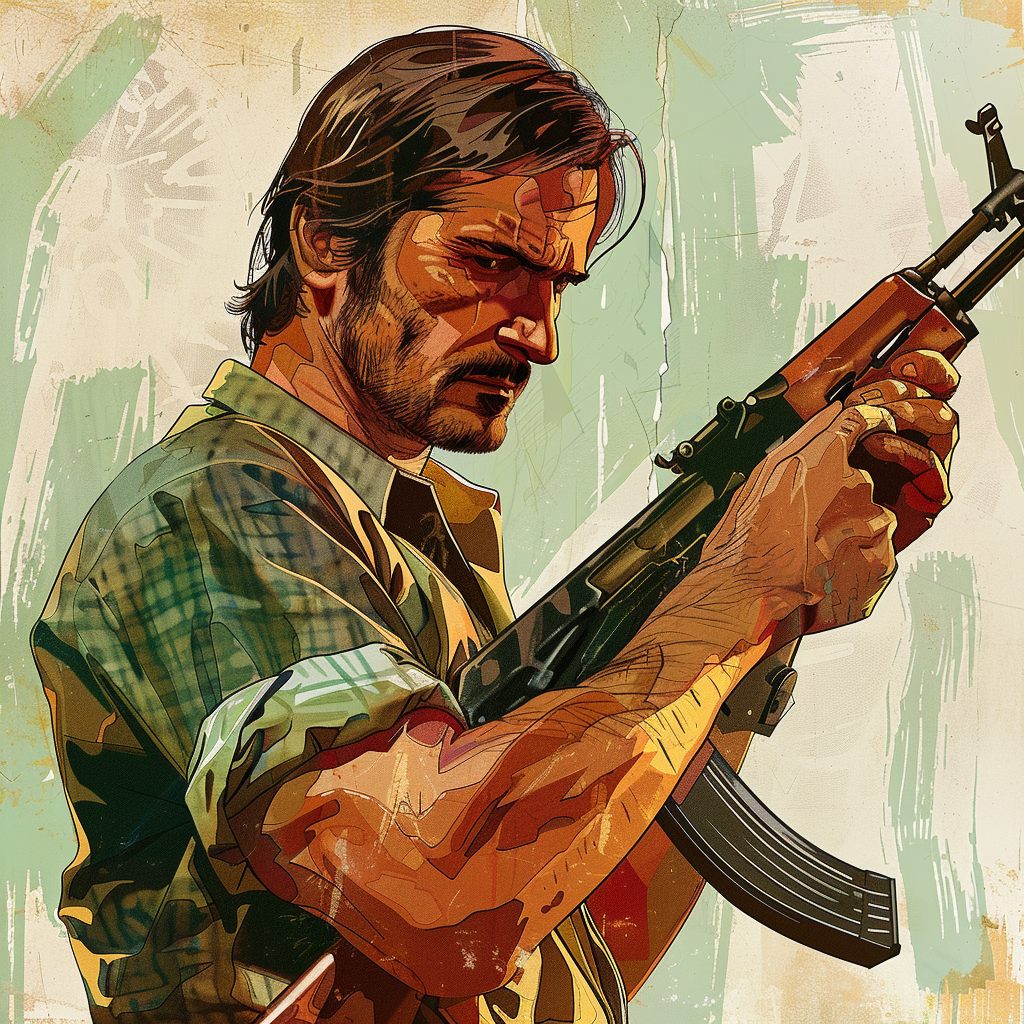 Image of a man with a AK47 ,in the style of grand theft auto, digital painting, loading screen, comic book style