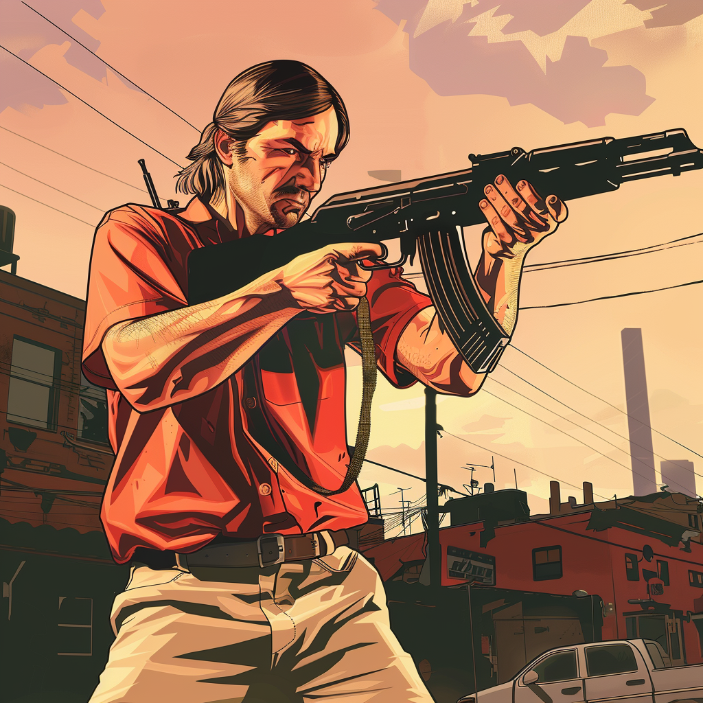 Image of a man with a AK47 ,in the style of grand theft auto, digital painting, loading screen, comic book style