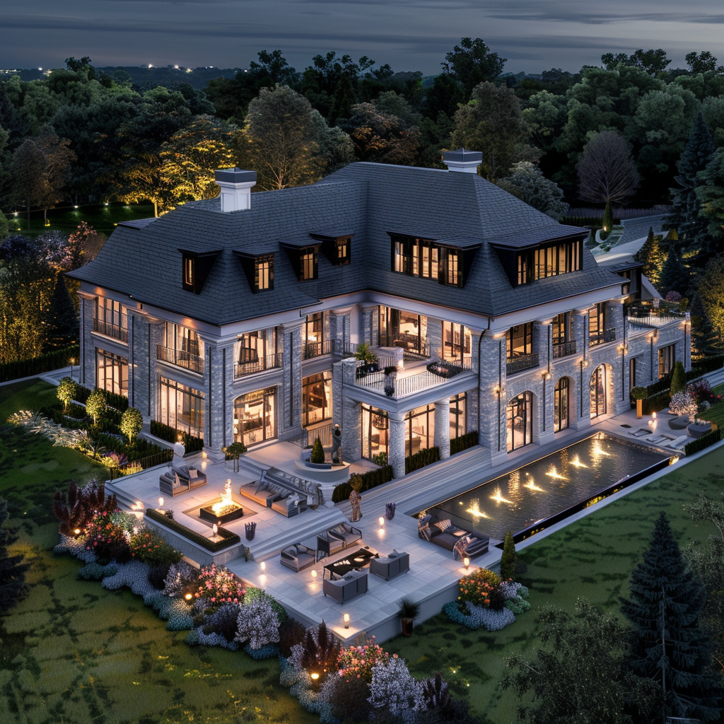 Aerial view of a luxury mansion in a flower gallery, with a wide angle shot and the lights on, surrounded by a lawn and trees. The mansion has a pool with a fire pit, white stone walls, and high end interior design. It has a black roof and grey shingle cladding. The view was taken with evening light and used high resolution photography to create hyper realistic imagery in a cinematic style with professional color grading.