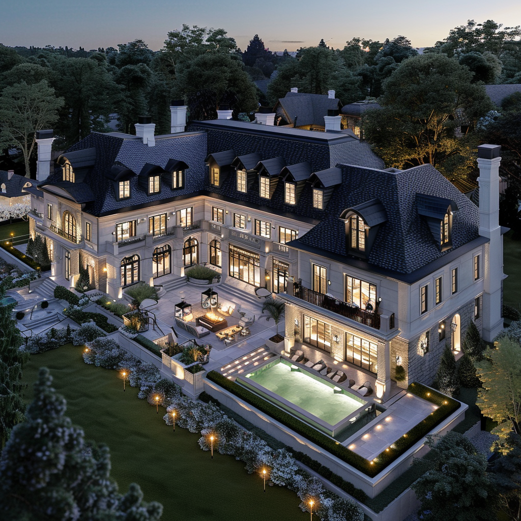 Aerial view of a luxury mansion in a flower gallery, with a wide angle shot and the lights on, surrounded by a lawn and trees. The mansion has a pool with a fire pit, white stone walls, and high end interior design. It has a black roof and grey shingle cladding. The view was taken with evening light and used high resolution photography to create hyper realistic imagery in a cinematic style with professional color grading.