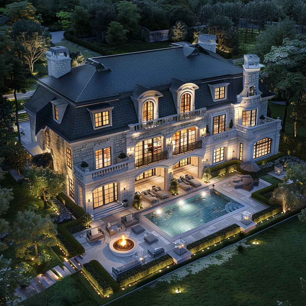 Aerial view of a luxury mansion in a flower gallery, with a wide angle shot and the lights on, surrounded by a lawn and trees. The mansion has a pool with a fire pit, white stone walls, and high end interior design. It has a black roof and grey shingle cladding. The view was taken with evening light and used high resolution photography to create hyper realistic imagery in a cinematic style with professional color grading.