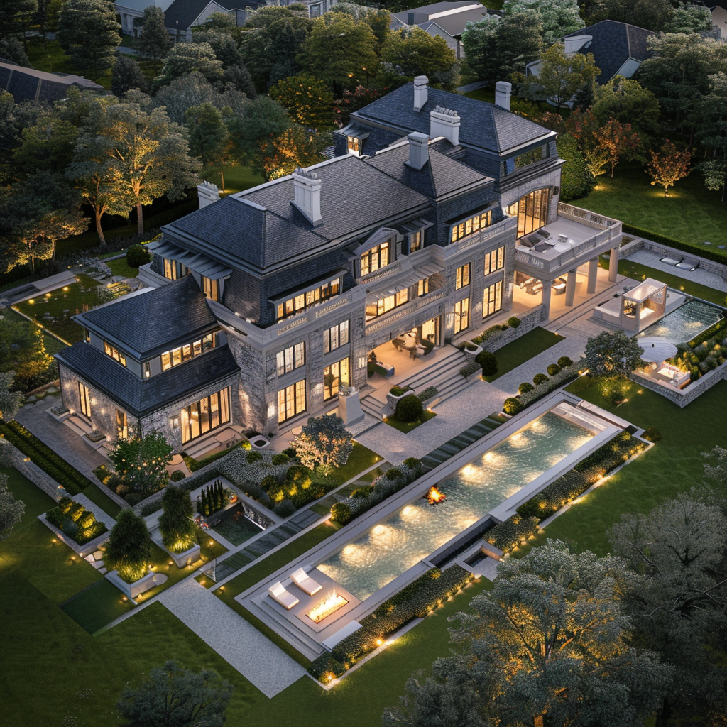 Aerial view of a luxury mansion in a flower gallery, with a wide angle shot and the lights on, surrounded by a lawn and trees. The mansion has a pool with a fire pit, white stone walls, and high end interior design. It has a black roof and grey shingle cladding. The view was taken with evening light and used high resolution photography to create hyper realistic imagery in a cinematic style with professional color grading.