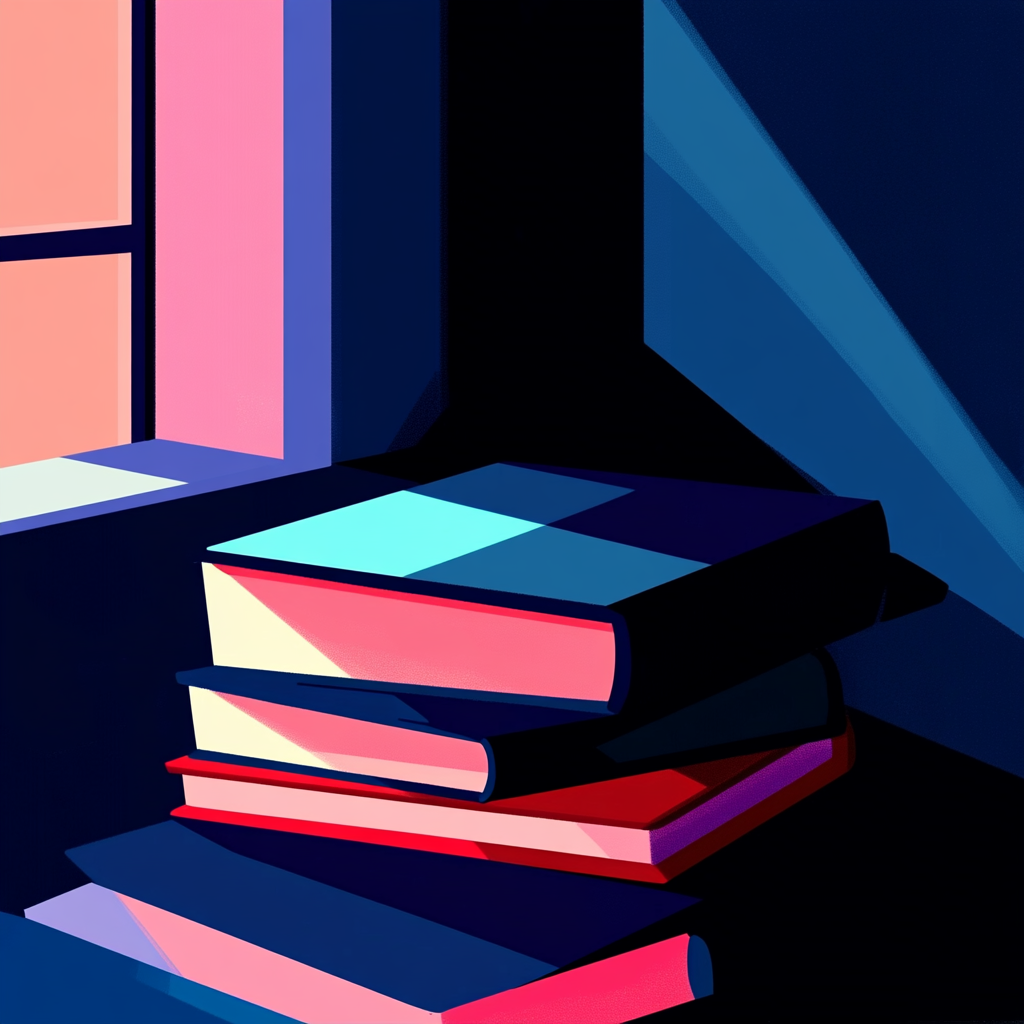 a digital illustration with shadows about a books,  --sref https://cdn.midjourney.com/517dd352-4659-4084-b689-a32cd0da8b73/0_1.png, https://cdn.midjourney.com/f3dd0bfb-8226-4990-9d51-7e3d51cd00a6/0_2.png, https://cdn.midjourney.com/9ddc38b9-10b7-4d0d-9f98-bce3d9f5ded0/0_3.png, https://cdn.midjourney.com/61cb730f-ddbe-4c15-8dcc-396558d1d04f/0_3.png