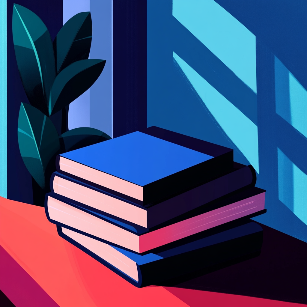 a digital illustration with shadows about a books,  --sref https://cdn.midjourney.com/517dd352-4659-4084-b689-a32cd0da8b73/0_1.png, https://cdn.midjourney.com/f3dd0bfb-8226-4990-9d51-7e3d51cd00a6/0_2.png, https://cdn.midjourney.com/9ddc38b9-10b7-4d0d-9f98-bce3d9f5ded0/0_3.png, https://cdn.midjourney.com/61cb730f-ddbe-4c15-8dcc-396558d1d04f/0_3.png