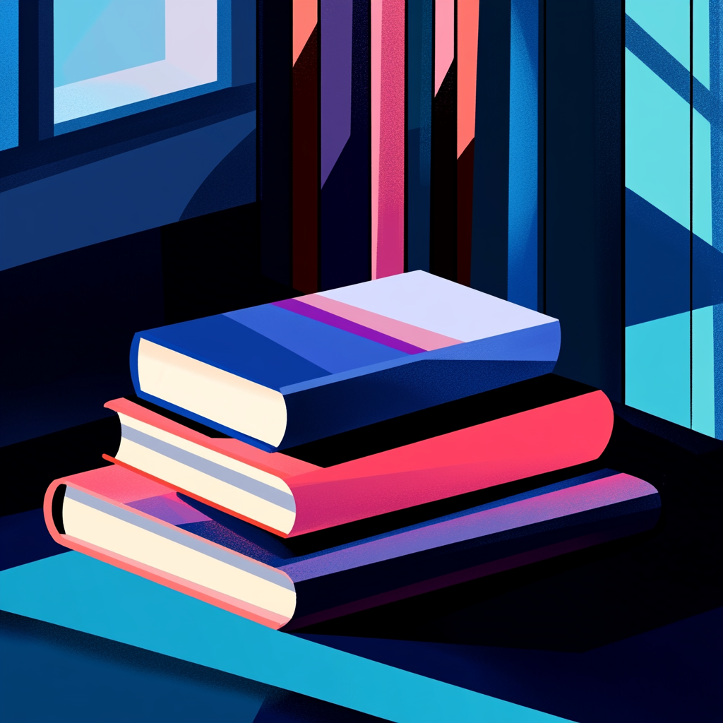 a digital illustration with shadows about a books,  --sref https://cdn.midjourney.com/517dd352-4659-4084-b689-a32cd0da8b73/0_1.png, https://cdn.midjourney.com/f3dd0bfb-8226-4990-9d51-7e3d51cd00a6/0_2.png, https://cdn.midjourney.com/9ddc38b9-10b7-4d0d-9f98-bce3d9f5ded0/0_3.png, https://cdn.midjourney.com/61cb730f-ddbe-4c15-8dcc-396558d1d04f/0_3.png