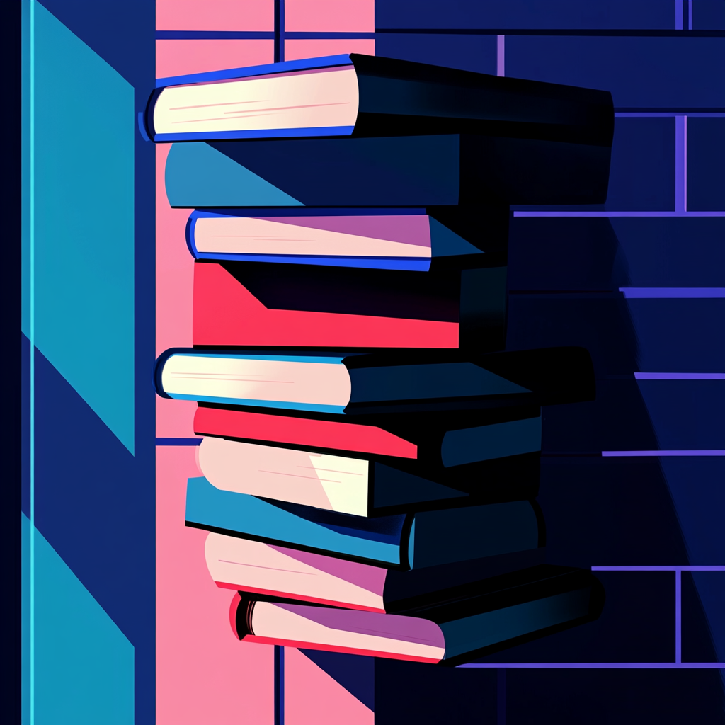 a digital illustration with shadows about a books,  --sref https://cdn.midjourney.com/517dd352-4659-4084-b689-a32cd0da8b73/0_1.png, https://cdn.midjourney.com/f3dd0bfb-8226-4990-9d51-7e3d51cd00a6/0_2.png, https://cdn.midjourney.com/9ddc38b9-10b7-4d0d-9f98-bce3d9f5ded0/0_3.png, https://cdn.midjourney.com/61cb730f-ddbe-4c15-8dcc-396558d1d04f/0_3.png