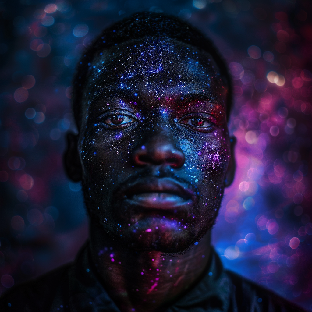 a portrait of a man from another galaxy ,Sony α7 III camera with a 85mm lens at F 1.2 aperture setting to blur the background and isolate the subject. The image should be shot in high resolution and in a 1:1 aspect ratio with photorealism mode on to create an ultra-realistic image that captures the subject’s natural beauty and personality